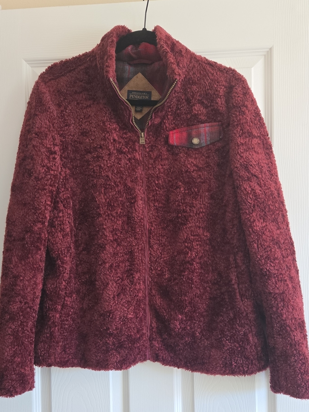 Women's Pendleton Burgandy Fuzzy Sherpa Wool Blend Trim Jacket Size Large